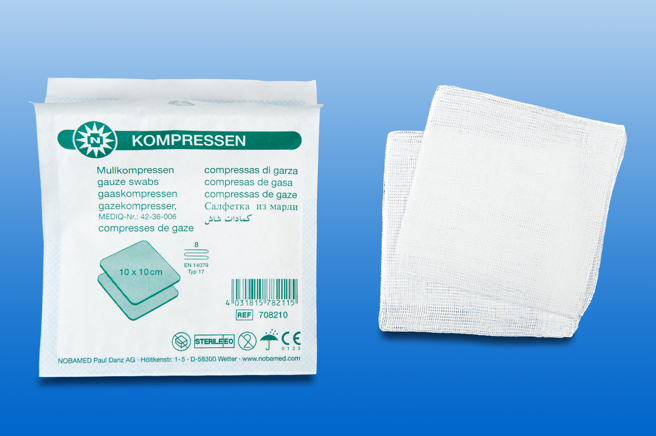 Mullkompresse steril, 10 x 10 cm, 8 lagig, verpackt zu 2 Stück (Schachtel mit 100 Kompressen)