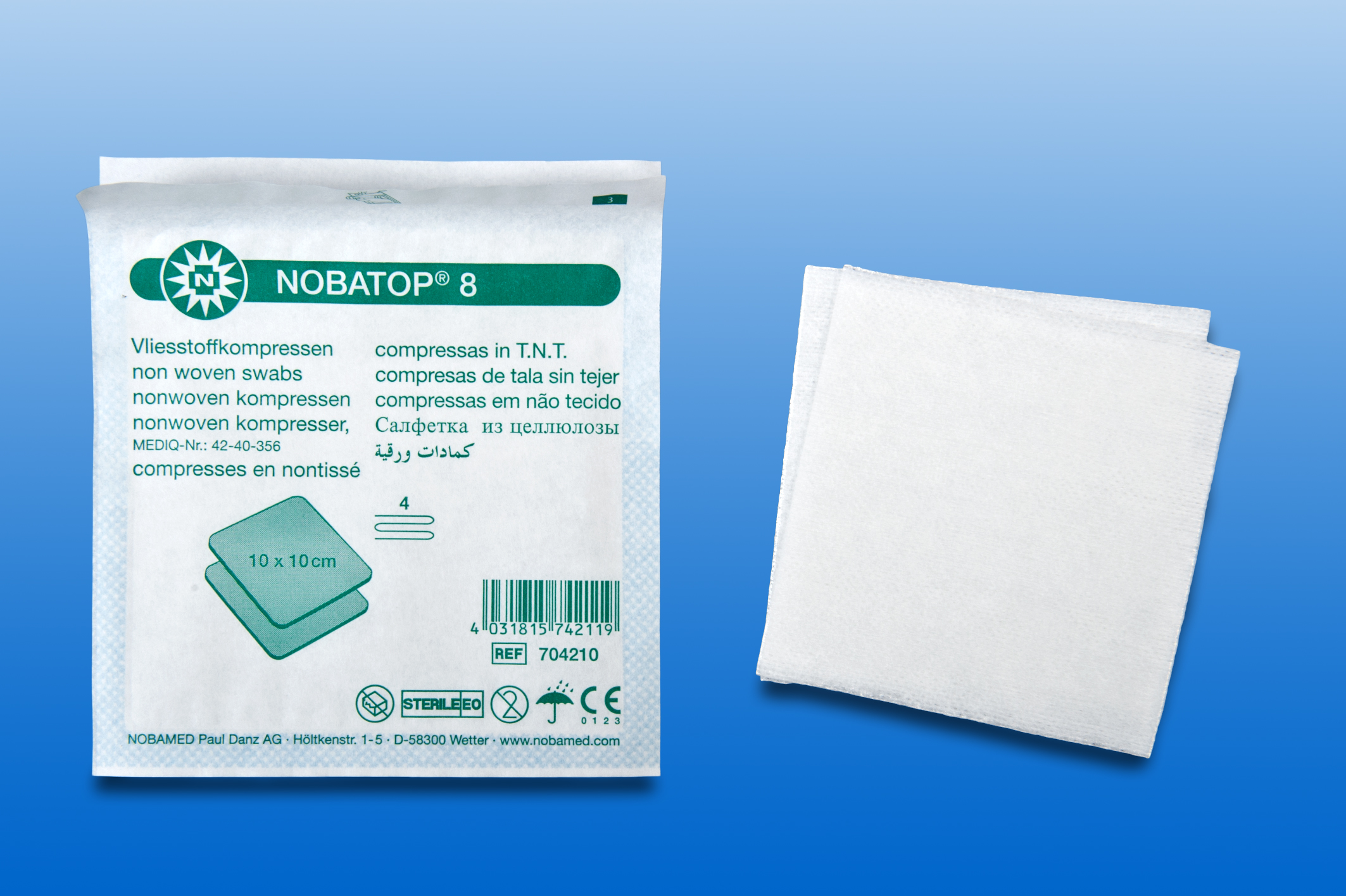 Vlieskompresse steril 10 x 10 cm, 4-lagig, verpackt zu 2 Stück (Schachtel mit 100 Kompressen)