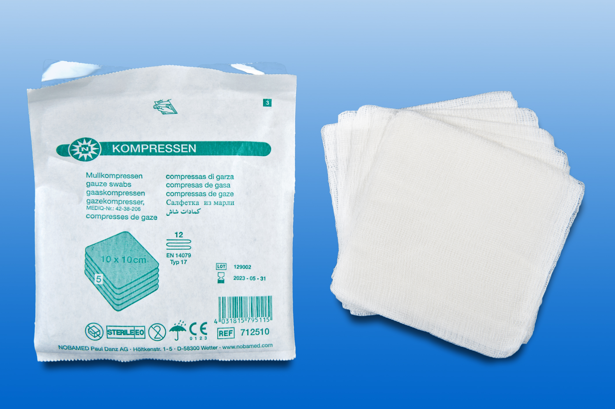 Mullkompresse steril, 5 x 5 cm, 12-lagig, verpackt zu 5 Stück (Schachtel mit 100 Kompressen)