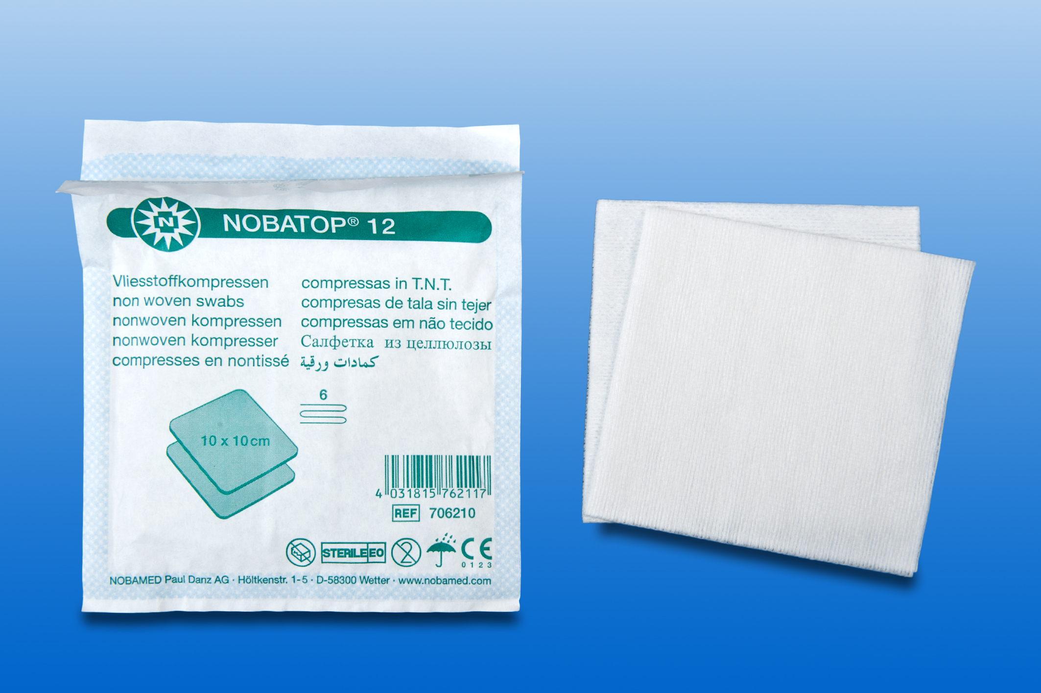 Vlieskompresse steril, 5 x 5 cm, 6-lagig, verpackt zu 2 Stück (Schachtel mit 100 Kompressen) Vlieskompresse steril, 5 x 5 cm, 6-lagig, verpackt zu 2 Stück (Schachtel mit 100 Kompressen)